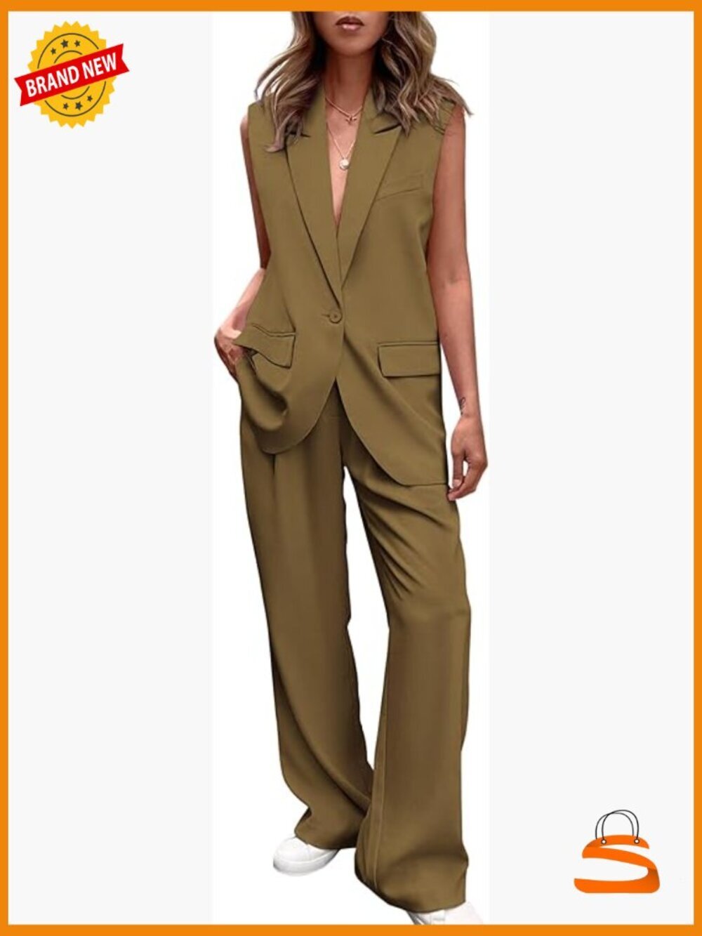 2 Piece Sleeveless Vest and Wide Leg Pants Blazer Set Business Casual Suit